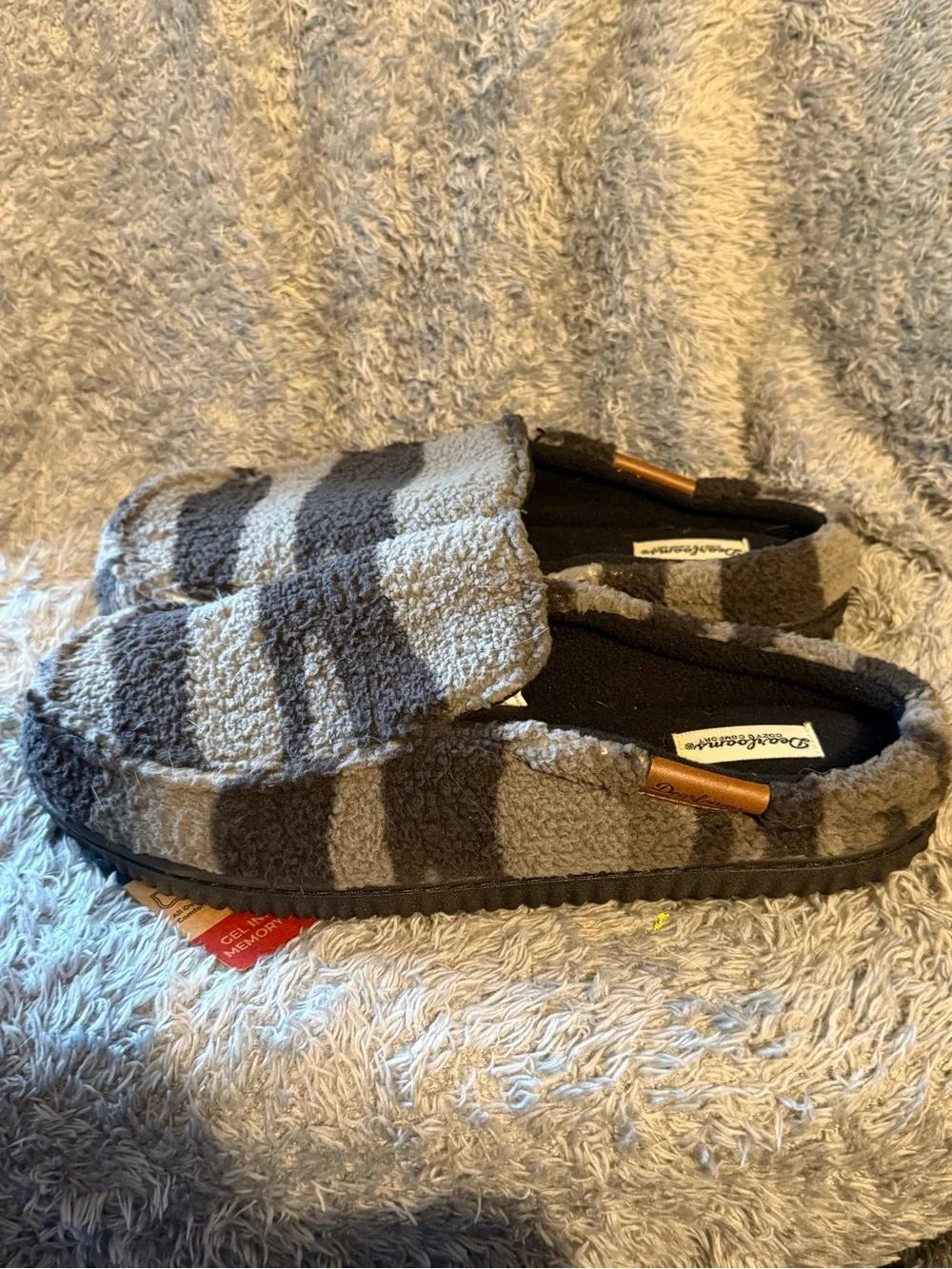 Dearfoams Men’s Gray Striped Sherpa Slip-On‎ Loafers 9-10 New